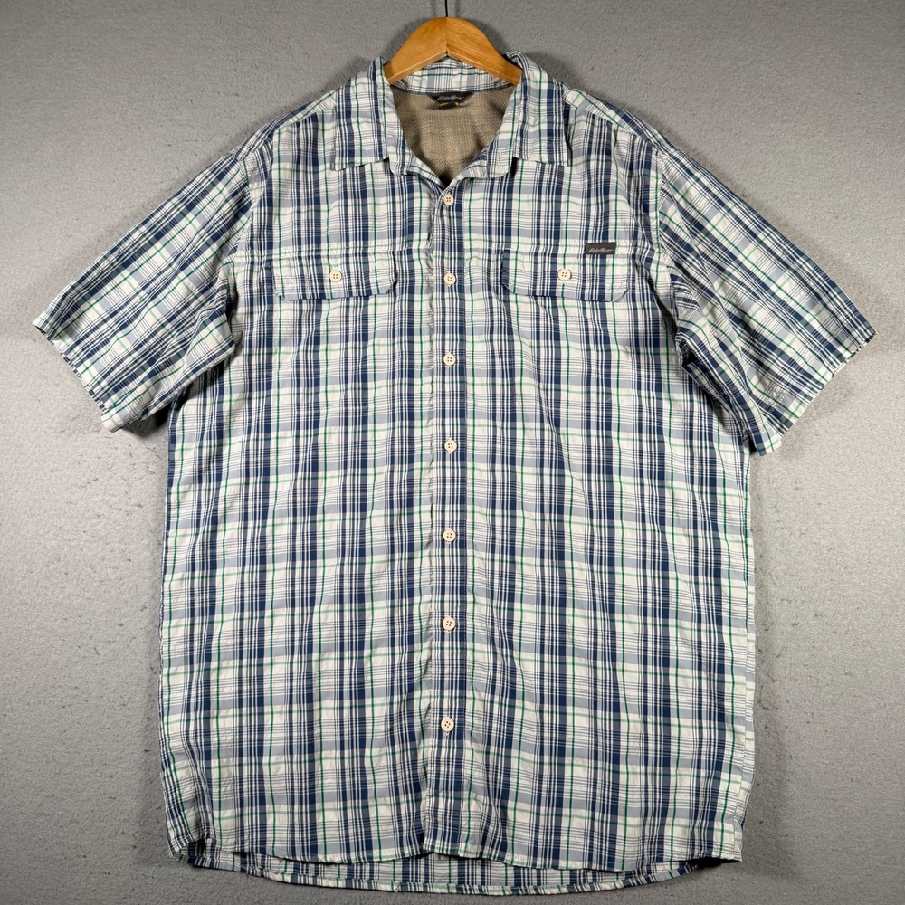 Eddie Bauer‎ Travex Mens Tall XL Blue Green Plaid Short Sleeve Button Down Shirt